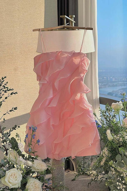 Romantic Pink Spaghetti Straps Sheath Short Homecoming Dress With Tiered Ruffle AS629