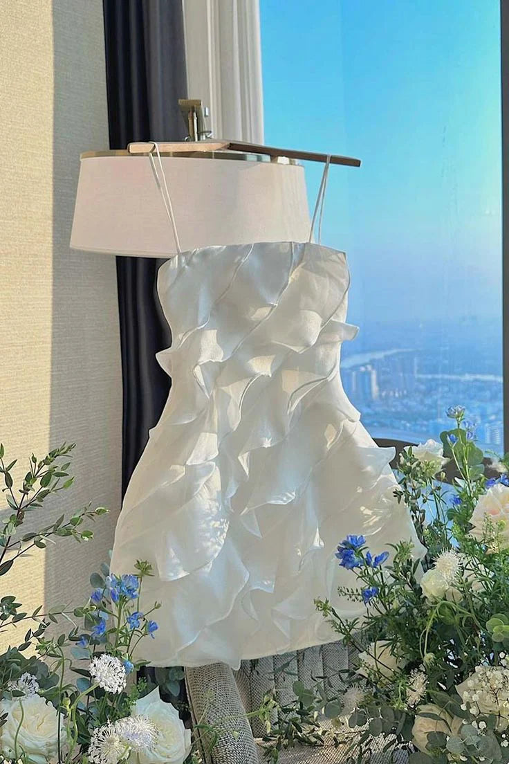 Romantic Pink Spaghetti Straps Sheath Short Homecoming Dress With Tiered Ruffle AS629