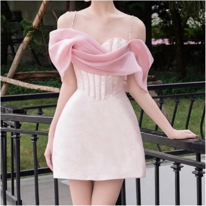 Opulent Blush Pink Beaded Spaghetti Straps Short A-Line Homecoming Dress With Asymmetric Chiffon Detail AS630