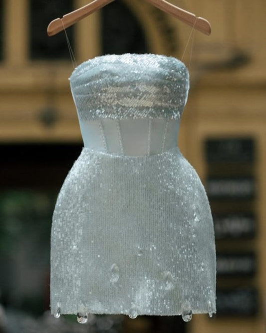Icy Blue Strapless Mini Bodycon Homecoming Dress With Sequin Overlay & Crystal Drop Hem AS632