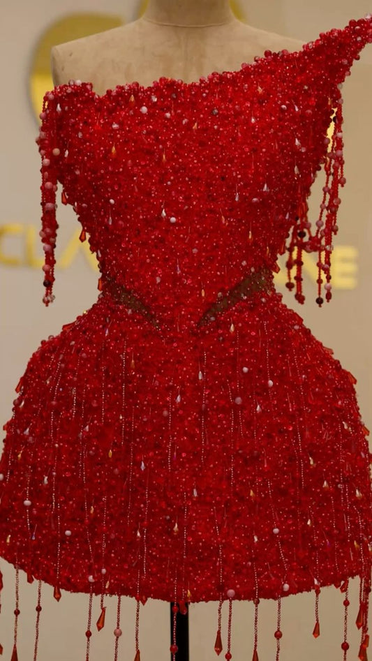 Fiery Red Strapless Beaded Mini A-Line Dress AS633