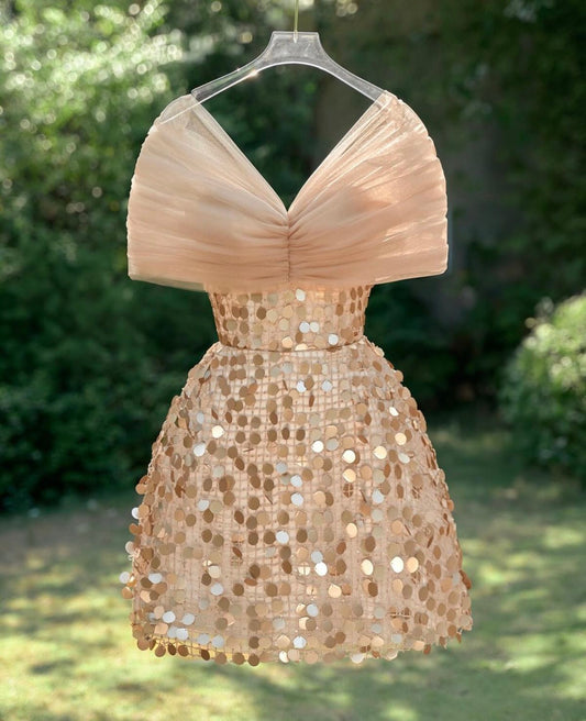 Elegant Nude Off-The-Shoulder Sequin A Line Mini Homecoming Dress AS639