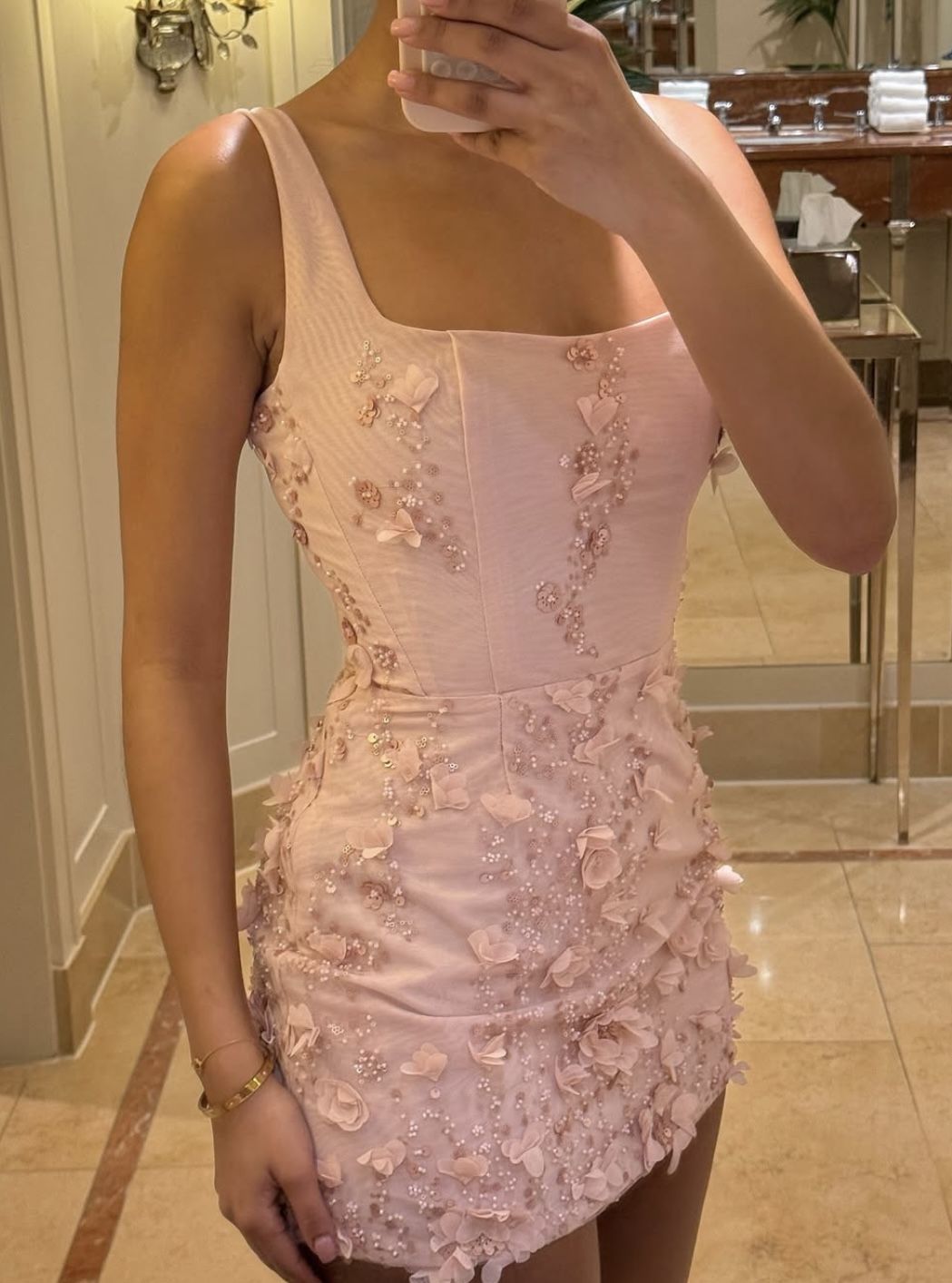 Delicate Blush Pink Square Neck Straps Bodycon Mini Homecoming Dress With 3D Floral Appliques AS641