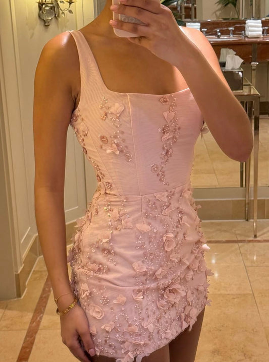 Delicate Blush Pink Square Neck Straps Bodycon Mini Homecoming Dress With 3D Floral Appliques AS641