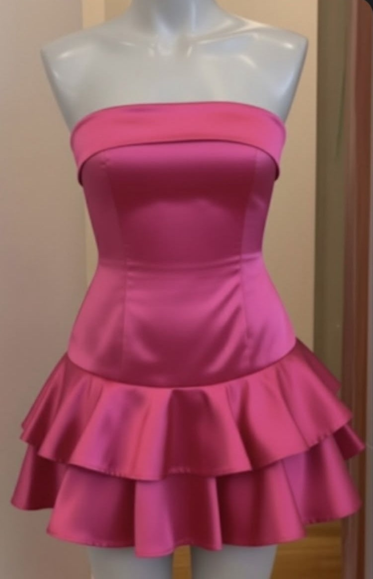 Vibrant Hot Pink Strapless Mini A Line Homecoming Dress With Double Layer Ruffle Hem AS645