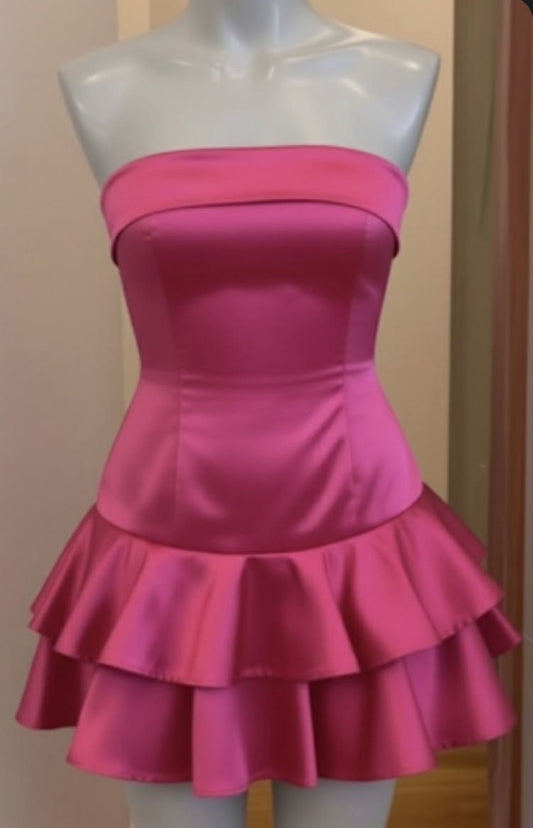 Vibrant Hot Pink Strapless Mini A Line Homecoming Dress With Double Layer Ruffle Hem AS645