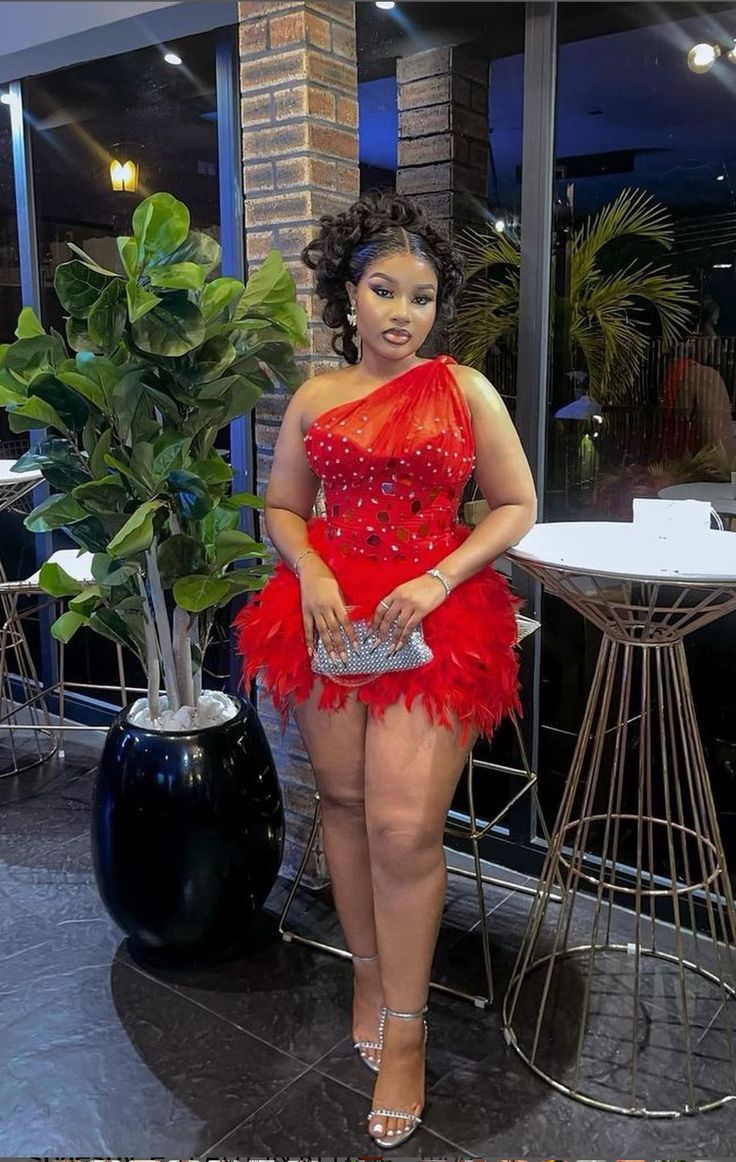Fiery Red One-Shoulder Fit-And-Flare Mini Homecoming Dress With Beaded Bodice & Feather Skirt AS647