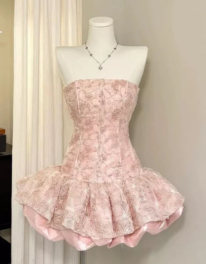 Romantic Pink Strapless A Line Short Homecoming Dress With Lace Overlay & Puffy Ruffle Skirt AS649