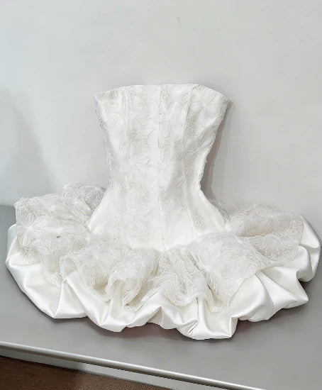 Romantic Pink Strapless A Line Short Homecoming Dress With Lace Overlay & Puffy Ruffle Skirt AS649