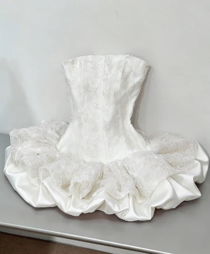 Romantic Pink Strapless A Line Short Homecoming Dress With Lace Overlay & Puffy Ruffle Skirt AS649