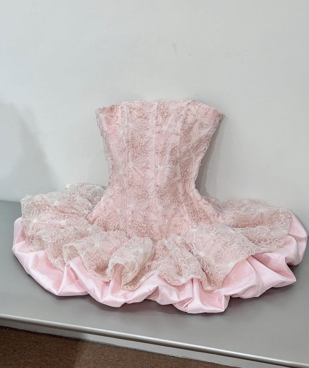 Romantic Pink Strapless A Line Short Homecoming Dress With Lace Overlay & Puffy Ruffle Skirt AS649
