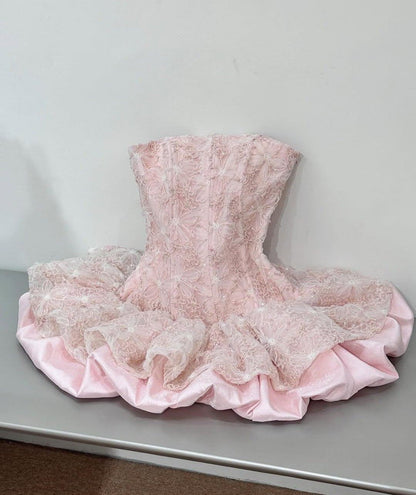 Romantic Pink Strapless A Line Short Homecoming Dress With Lace Overlay & Puffy Ruffle Skirt AS649