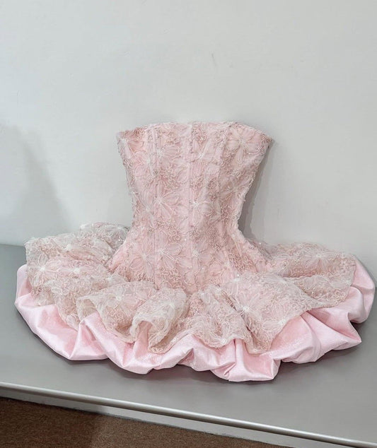 Romantic Pink Strapless A Line Short Homecoming Dress With Lace Overlay & Puffy Ruffle Skirt AS649