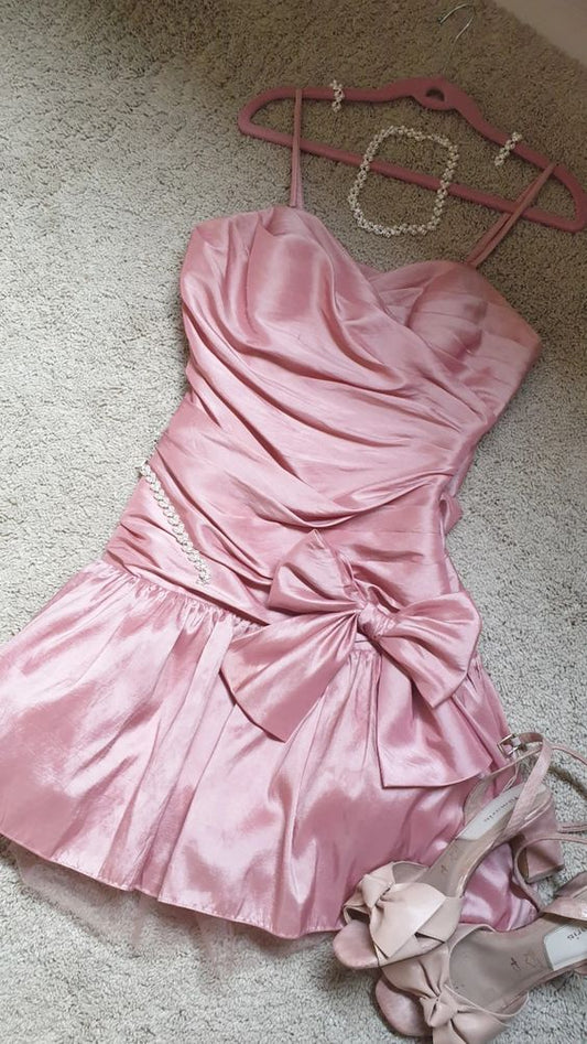 Cute Pink A line Spaghetti Straps A Line Short Satin Homecoming Dress With Bow AS653