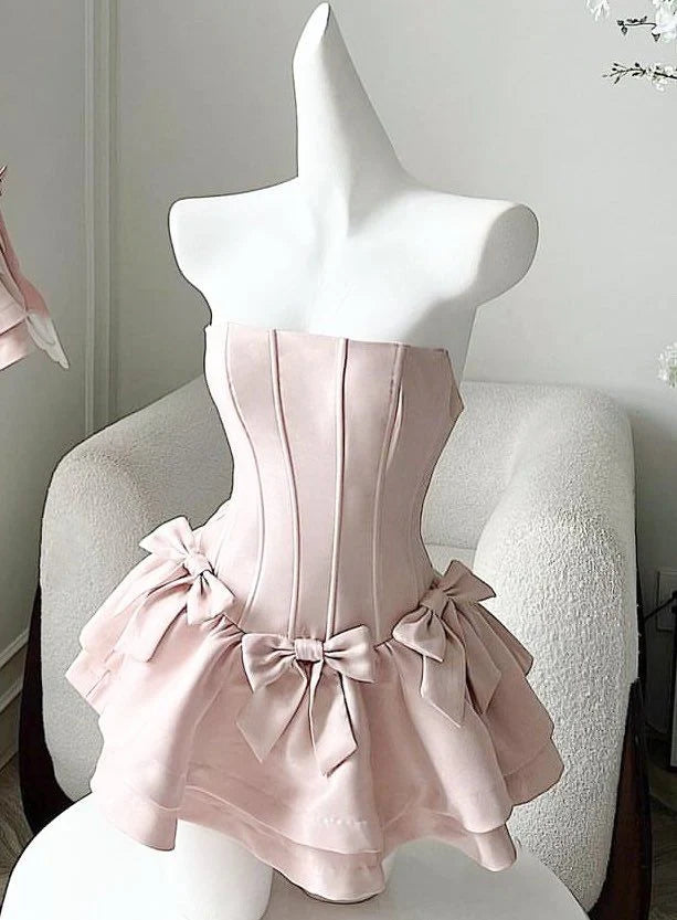 Charming Strapless Satin A-Line Mini Homecoming Dress With Triple Bows AS655