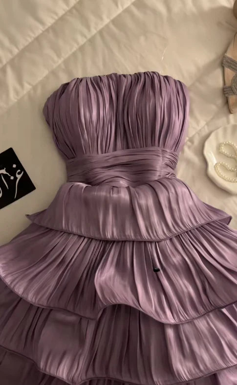 Flowy Purple Strapless A Line Short Homecoming Dress With Tiered Ruffle Skirt AS657