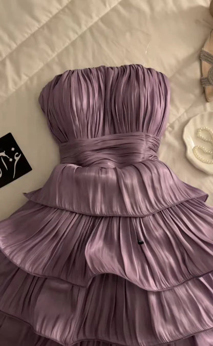 Flowy Purple Strapless A Line Short Homecoming Dress With Tiered Ruffle Skirt AS657