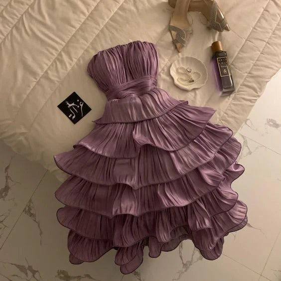 Flowy Purple Strapless A Line Short Homecoming Dress With Tiered Ruffle Skirt AS657