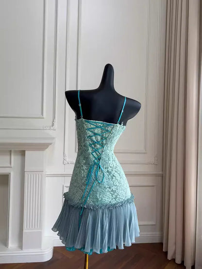 Vintage Mint Green Sweetheart Spaghetti Straps Bodycon Short Homecoming Dress With Lace Overlay And Chiffon Ruffle Skirt AS658