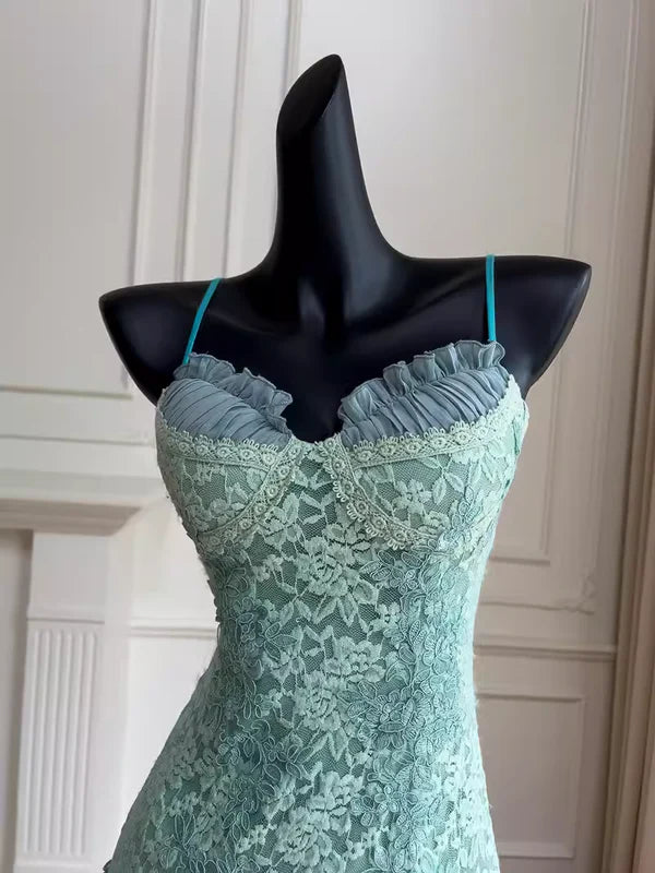 Vintage Mint Green Sweetheart Spaghetti Straps Bodycon Short Homecoming Dress With Lace Overlay And Chiffon Ruffle Skirt AS658