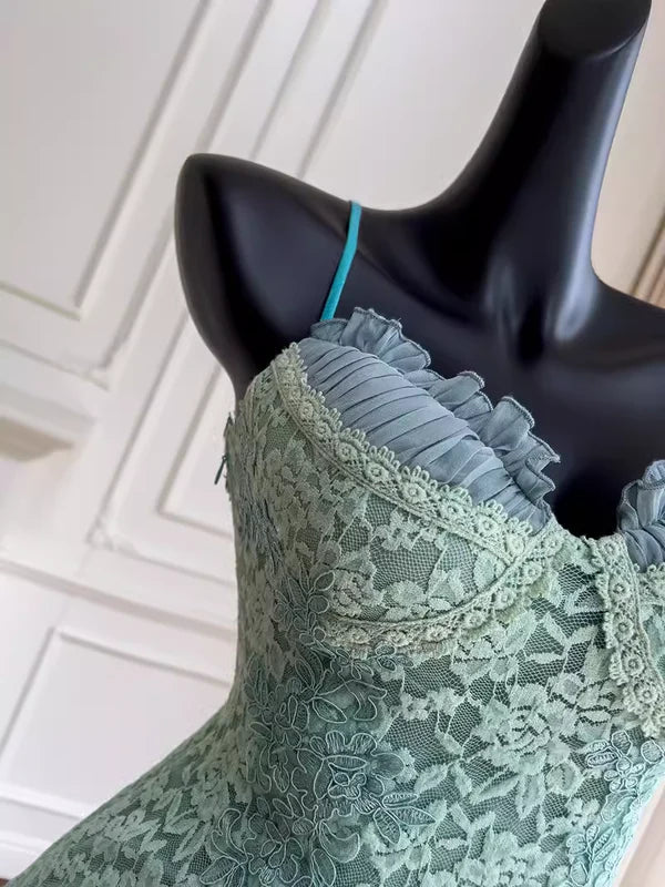 Vintage Mint Green Sweetheart Spaghetti Straps Bodycon Short Homecoming Dress With Lace Overlay And Chiffon Ruffle Skirt AS658