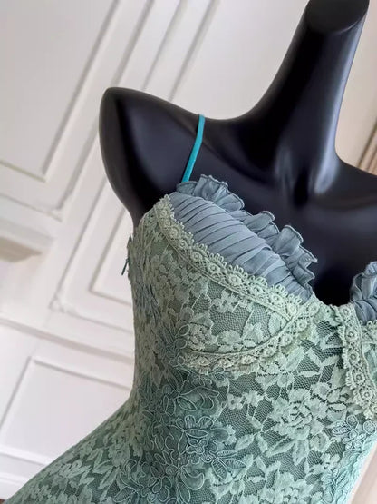 Vintage Mint Green Sweetheart Spaghetti Straps Bodycon Short Homecoming Dress With Lace Overlay And Chiffon Ruffle Skirt AS658