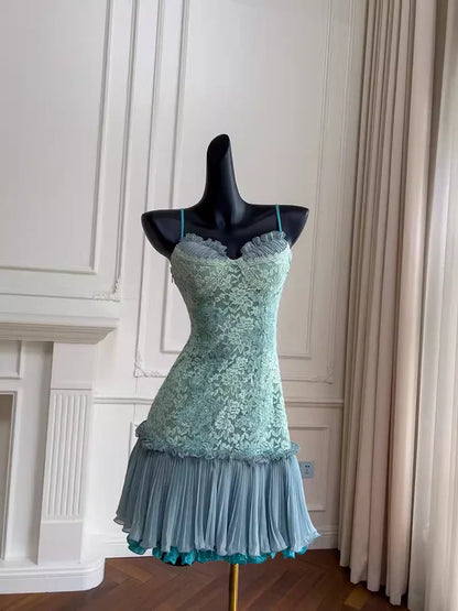 Vintage Mint Green Sweetheart Spaghetti Straps Bodycon Short Homecoming Dress With Lace Overlay And Chiffon Ruffle Skirt AS658