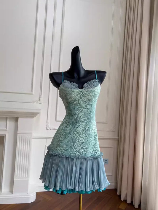 Vintage Mint Green Sweetheart Spaghetti Straps Bodycon Short Homecoming Dress With Lace Overlay And Chiffon Ruffle Skirt AS658