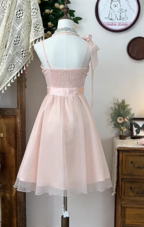 Romantic Blush Pink Halter A Line Chiffon Midi Dress With Bow Detail AS660