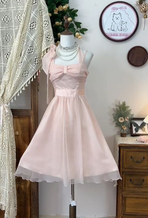 Romantic Blush Pink Halter A Line Chiffon Midi Dress With Bow Detail AS660