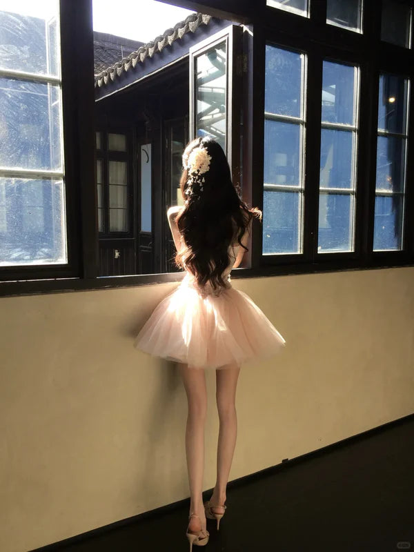 Delicate Blush Pink Strapless A Line Short Homecoming Dress With Corset Bodice & Tulle Skirt AS662