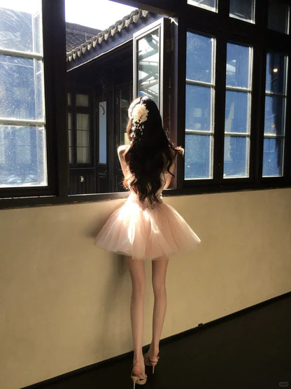 Delicate Blush Pink Strapless A Line Short Homecoming Dress With Corset Bodice & Tulle Skirt AS662