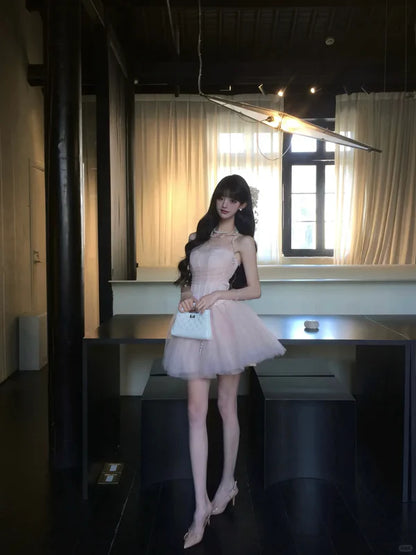 Delicate Blush Pink Strapless A Line Short Homecoming Dress With Corset Bodice & Tulle Skirt AS662