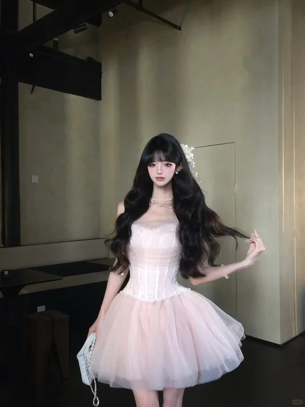 Delicate Blush Pink Strapless A Line Short Homecoming Dress With Corset Bodice & Tulle Skirt AS662
