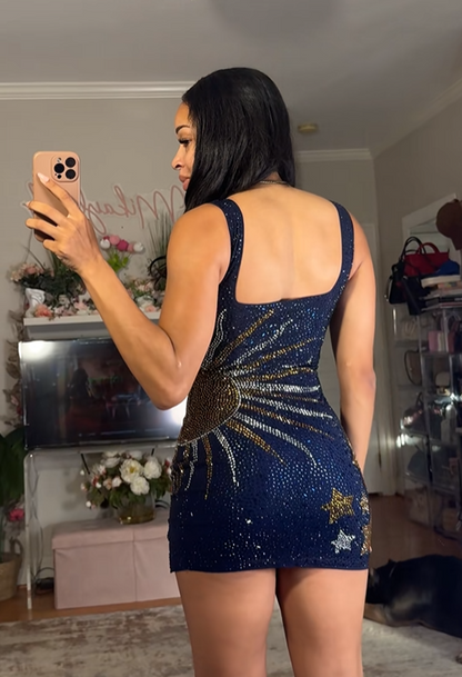 Sparkling Navy Blue Square Neck Straps Bodycon Mini Homecoming Dress With Bold Rhinestone Design AS664