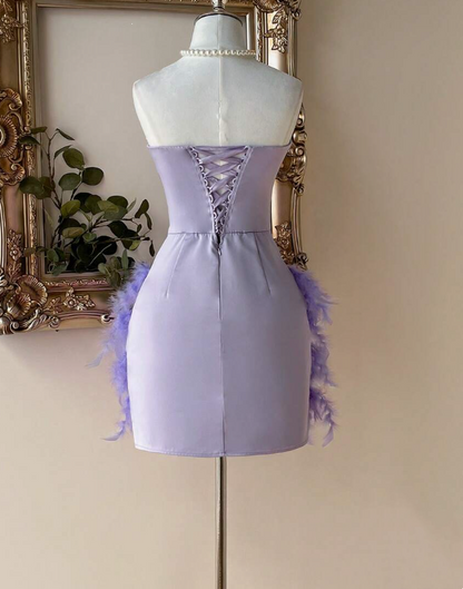 Enchanting Lavender Strapless Bodycon Mini Homecoming Dress With Feather Skirt & Rhinestone Trim AS665