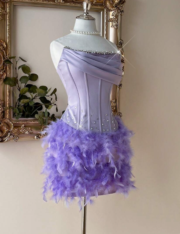 Enchanting Lavender Strapless Bodycon Mini Homecoming Dress With Feather Skirt & Rhinestone Trim AS665