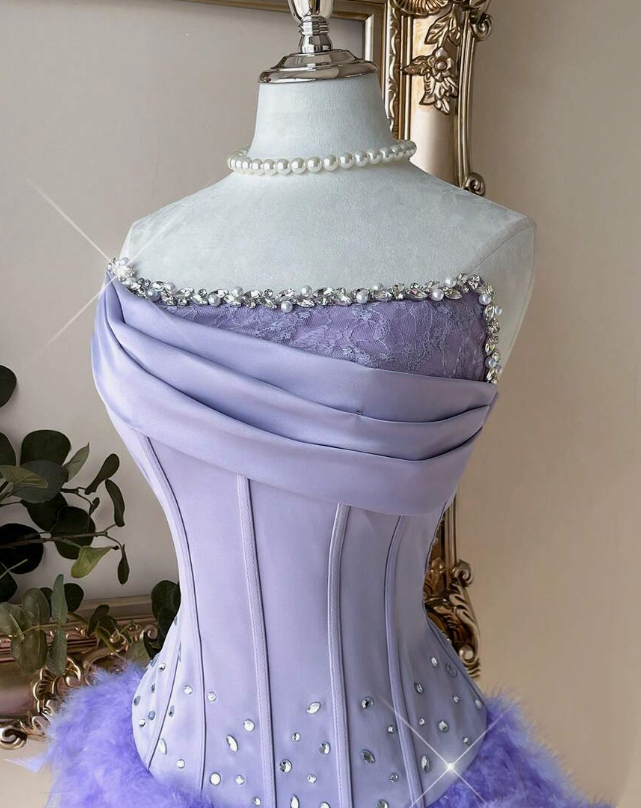 Enchanting Lavender Strapless Bodycon Mini Homecoming Dress With Feather Skirt & Rhinestone Trim AS665