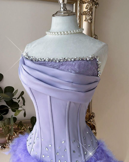 Enchanting Lavender Strapless Bodycon Mini Homecoming Dress With Feather Skirt & Rhinestone Trim AS665