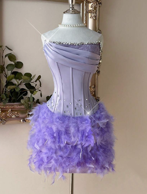 Enchanting Lavender Strapless Bodycon Mini Homecoming Dress With Feather Skirt & Rhinestone Trim AS665