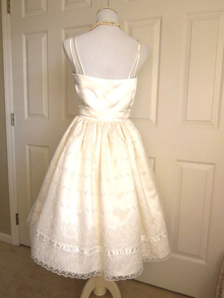 Vintage Ivory Square Neck Spaghetti Straps A Line Midi Homecoming Dress With Lace Trim & Bow Waist AS666
