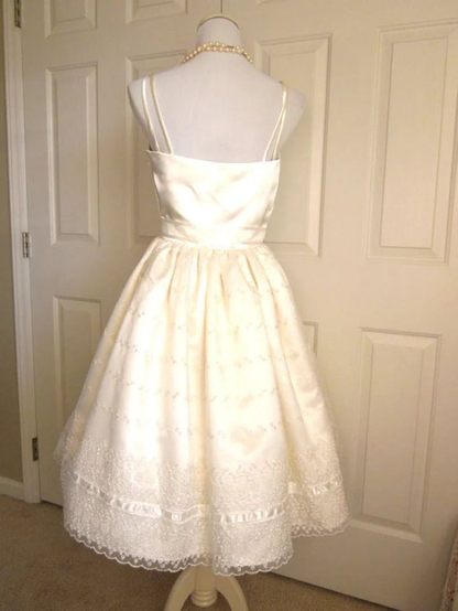 Vintage Ivory Square Neck Spaghetti Straps A Line Midi Homecoming Dress With Lace Trim & Bow Waist AS666