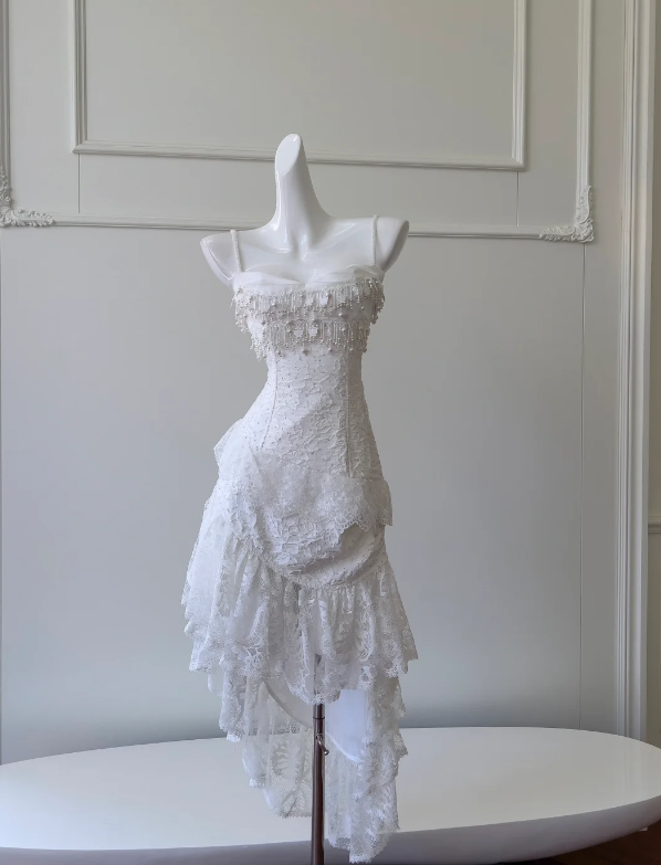 Enchanting White Spaghetti Straps Bodycon Short Lace Skirt Homecoming Dress With Pearl Tassels AS668