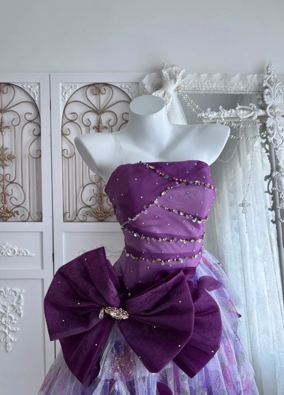Whimsical Purple Strapless Beaded A Line Short Homecoming Dress With Oversized Bow & Trailing Tulle AS669