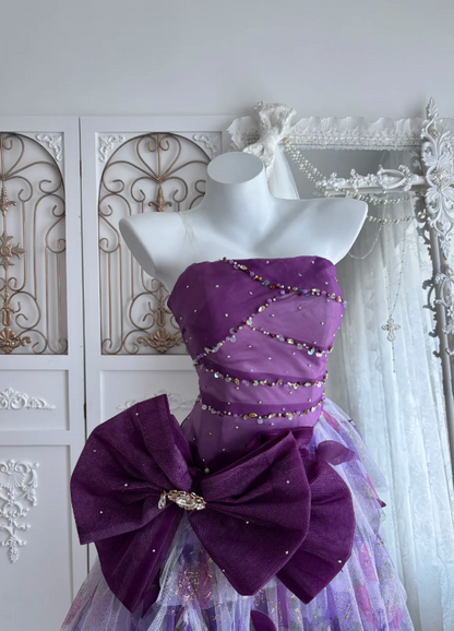 Whimsical Purple Strapless Beaded A Line Short Homecoming Dress With Oversized Bow & Trailing Tulle AS669