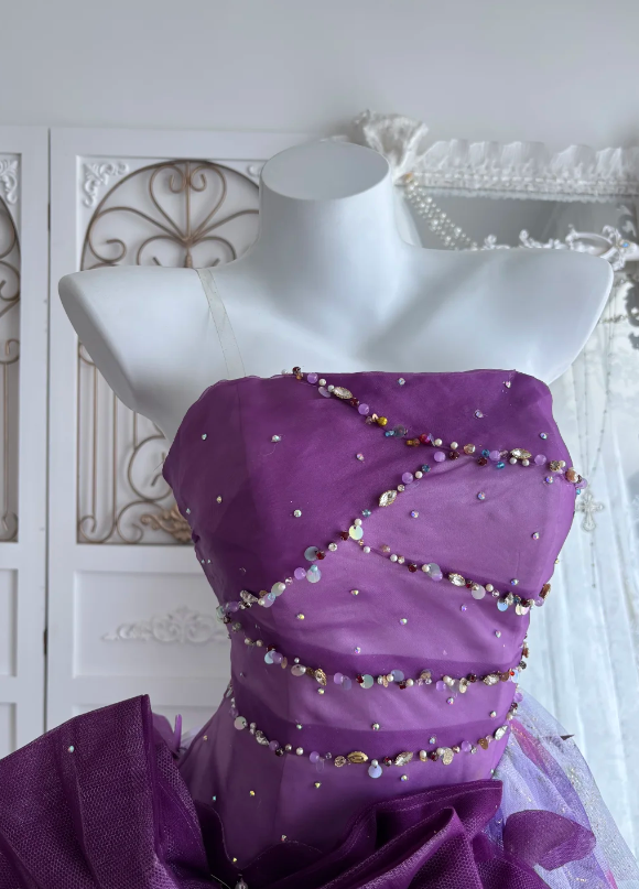 Whimsical Purple Strapless Beaded A Line Short Homecoming Dress With Oversized Bow & Trailing Tulle AS669