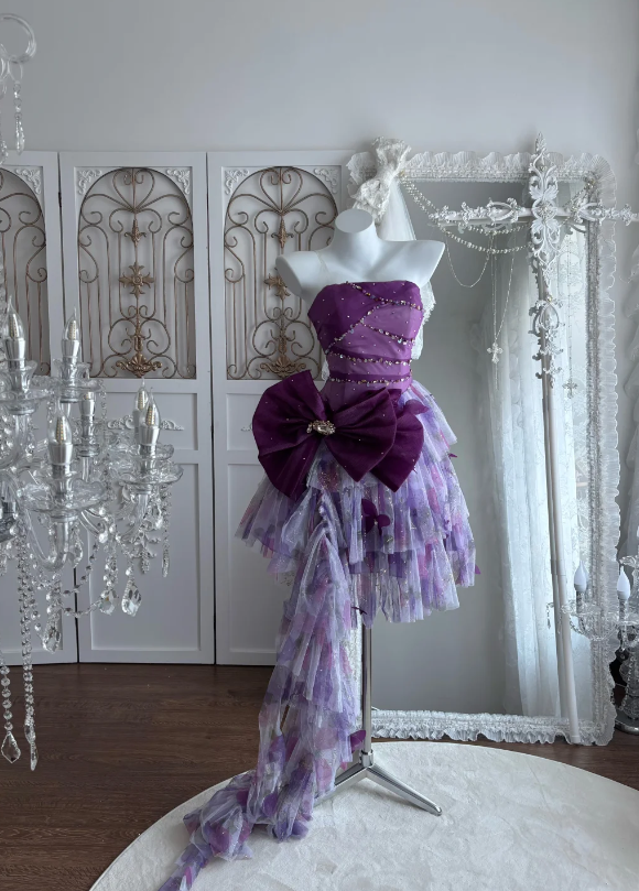 Whimsical Purple Strapless Beaded A Line Short Homecoming Dress With Oversized Bow & Trailing Tulle AS669