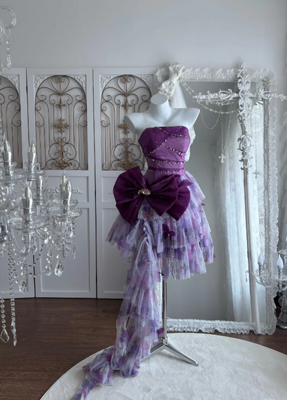 Whimsical Purple Strapless Beaded A Line Short Homecoming Dress With Oversized Bow & Trailing Tulle AS669