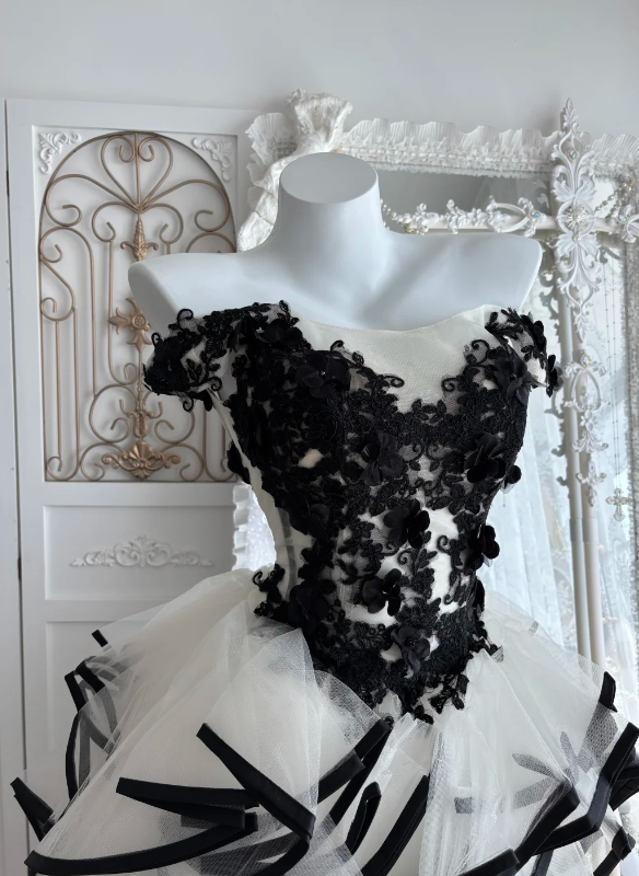 Glam Black & White Off-The-Shoulder A Line Short Homecoming Dress With Floral Lace Appliques, Voluminous Skirt & Trailing Train AS670