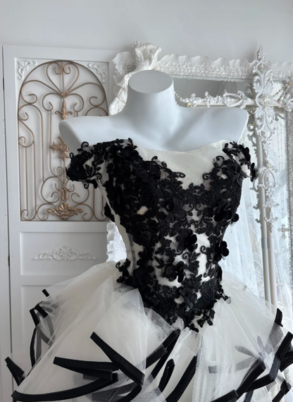 Glam Black & White Off-The-Shoulder A Line Short Homecoming Dress With Floral Lace Appliques, Voluminous Skirt & Trailing Train AS670